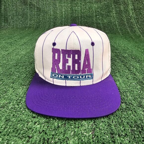 Vintage Reba McEntire On Tour Striped Hat SnapBack White & Purple Vtg 90s Cap - Picture 2 of 9